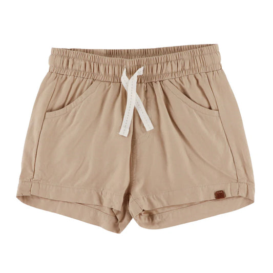Short - Nanö beige en sergé extensible, taille élastique avec cordon, multiples poches, vue galerie 1 carrée