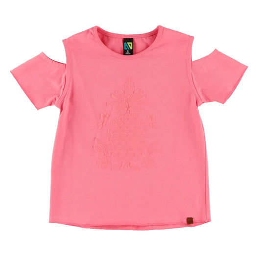 T-Shirt - Nanö rose en jersey doux avec manches épaules dénudées et imprimé 3D devant, vue de face, enfant fille