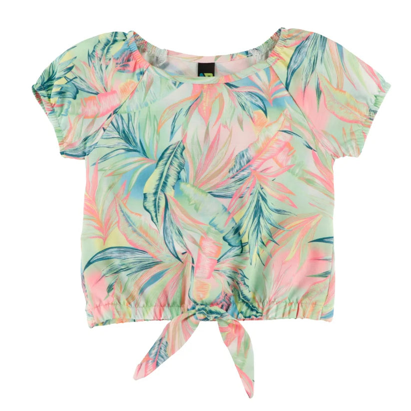 Blouse - Nanö en polyester texturé à manches courtes avec imprimé feuilles vertes et roses, vue de face, pour enfant fille
