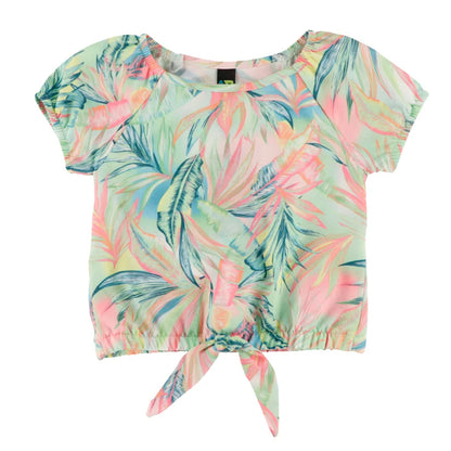 Blouse - Nanö en polyester texturé à manches courtes avec imprimé feuilles vertes et roses, vue de face, pour enfant fille