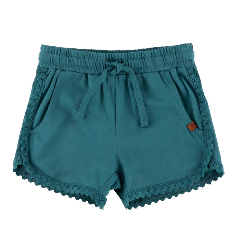 Short - Nanö en jersey doux bleu avec taille élastique, cordon coulissant et bordure en dentelle, vue galerie 1