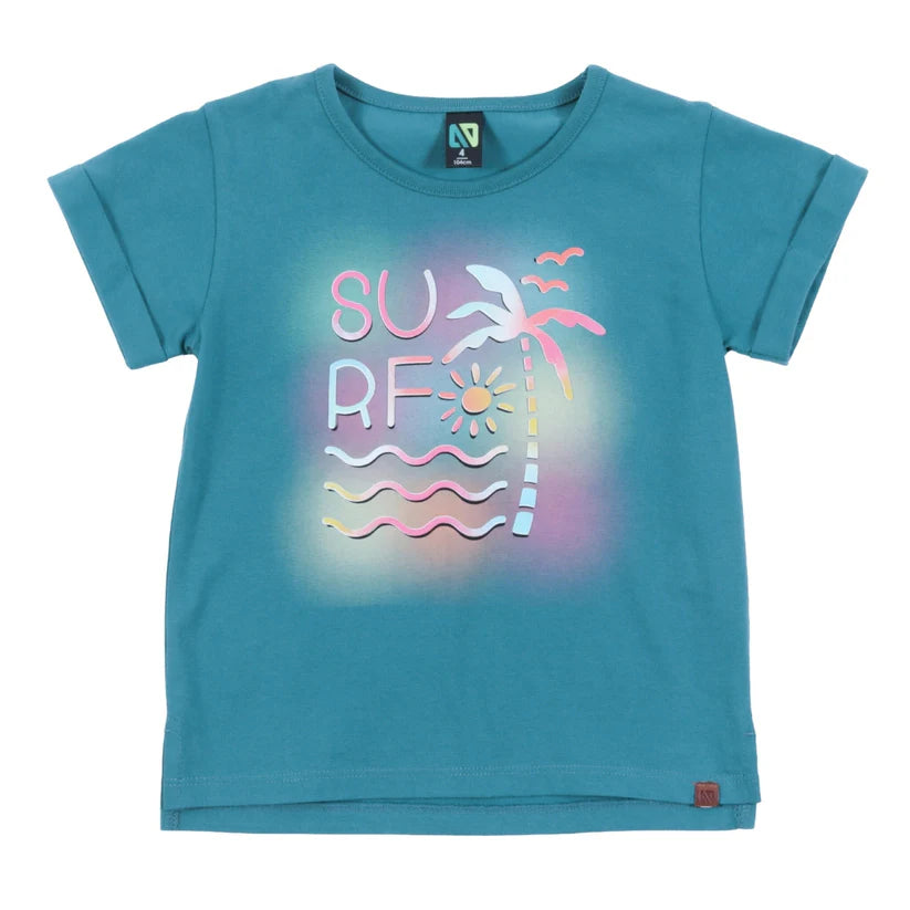 T-Shirt - Nanö en jersey bleu pétrole avec motif surf pastel rose jaune et blanc, manches courtes, vue de face enfant