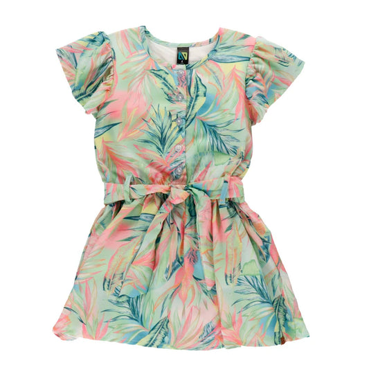 Robe - Nanö en polyester texturé imprimé vert, rose et bleu, manches courtes à volants, ceinture nouée, vue de face.