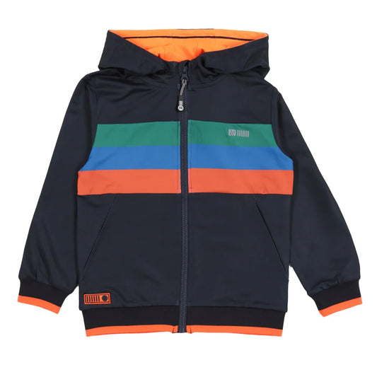 Veste - Nanö en jersey tricoté bleu marine avec bandes orange, verte et bleue, capuche, pour enfant, vue de face