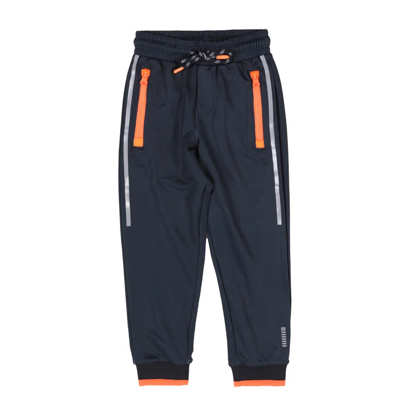 Pantalon - Nanö jogging bleu marine en jersey avec poches orange, éléments réfléchissants, taille élastique, vue de face enfant garçon
