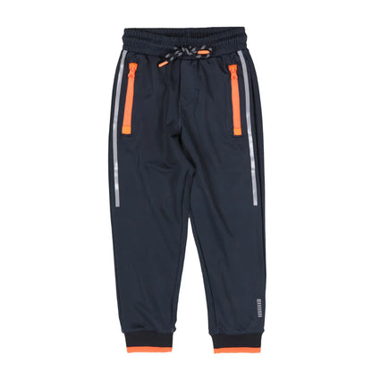 Pantalon - Nanö jogging bleu marine en jersey avec poches orange, éléments réfléchissants, taille élastique, vue de face enfant garçon