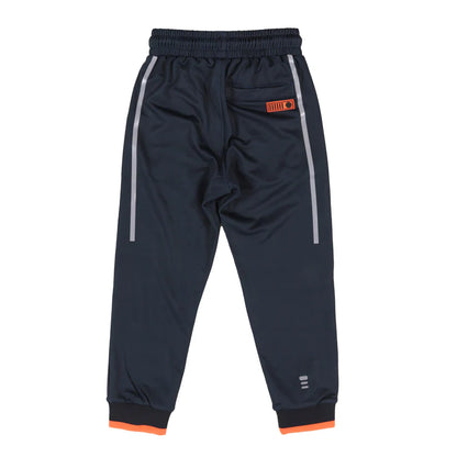 Pantalon - Nanö jogging bleu marine en jersey avec bandes réfléchissantes, détail poche arrière, ourlets orange, vue dos enfant