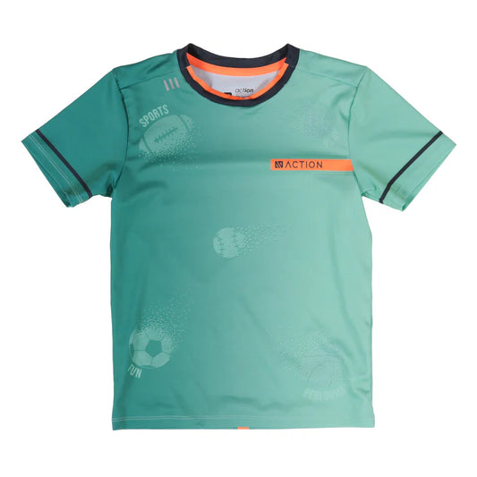 T-Shirt - Nanö vert turquoise avec manches courtes et éléments réfléchissants, tissu jersey, vue de face, enfant garçon.
