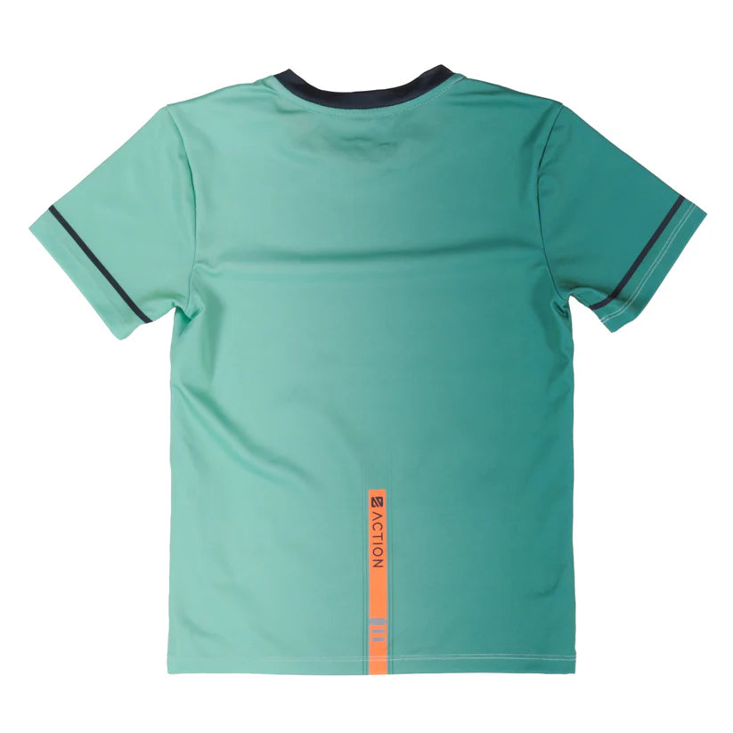 T-Shirt - Nanö vert menthe avec col rond noir et bandes réfléchissantes, manches courtes, vue de dos sur tissu jersey respirant