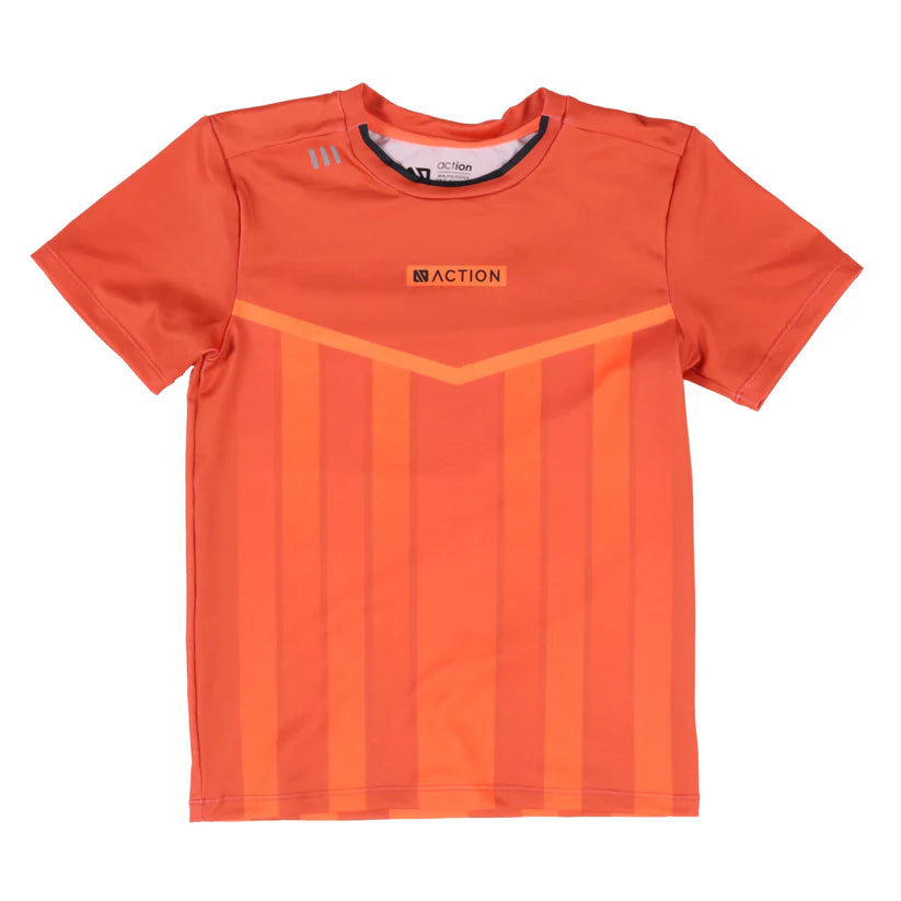 T-Shirt - Nanö en jersey orange avec motifs réfléchissants, manches courtes, vue de face, tissu respirant et sèche rapidement