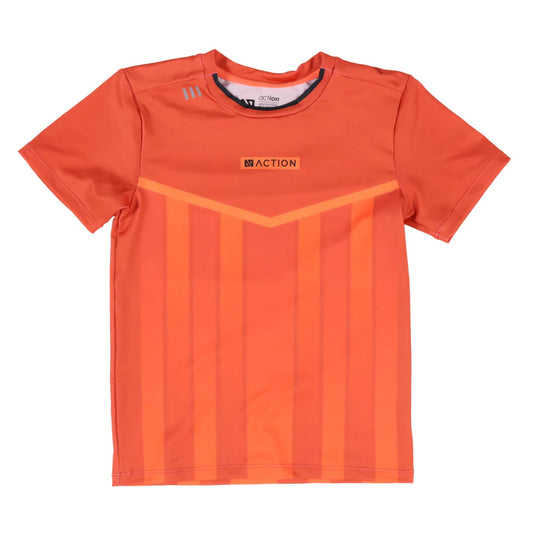 T-Shirt - Nanö en jersey orange avec motifs réfléchissants, manches courtes, vue de face, tissu respirant et sèche rapidement