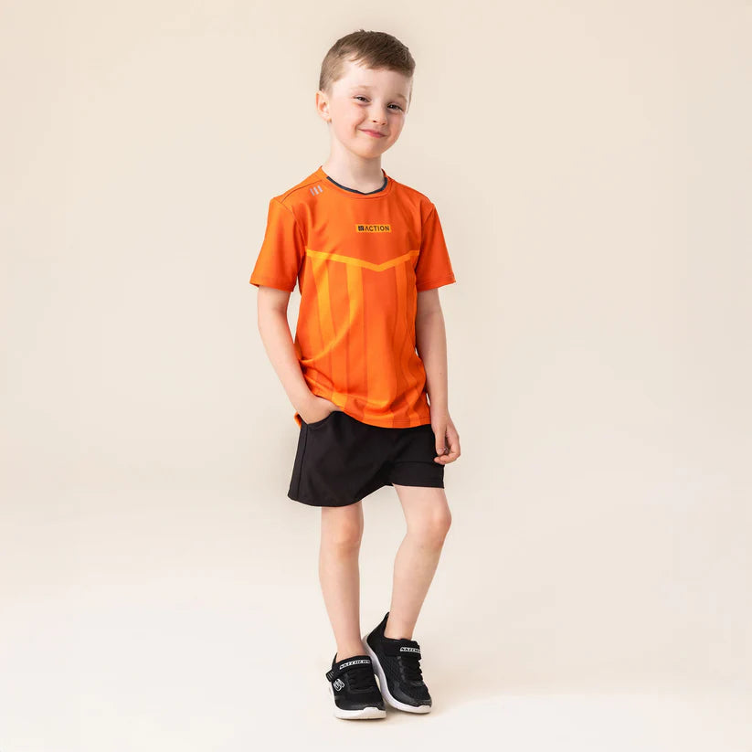 T-Shirt - Nanö orange à manches courtes en jersey avec éléments réfléchissants, garçon, porté de face sur fond clair