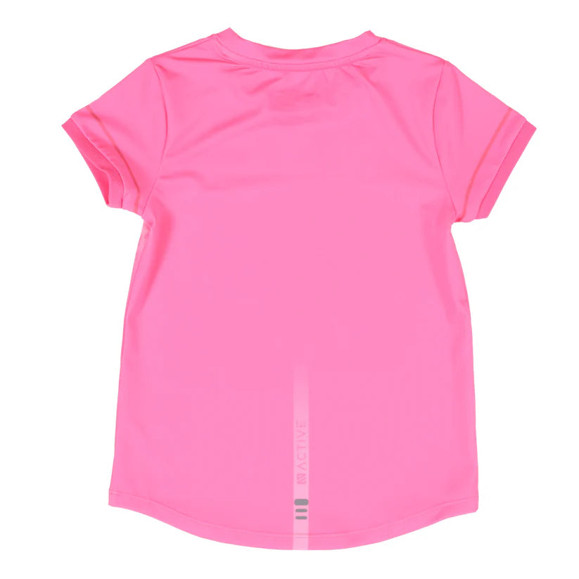 T-Shirt - Nanö rose fluo en jersey pour enfant, manches courtes, vue de dos avec éléments réfléchissants et logo actif.