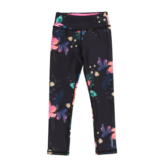 Legging - Nanö noir avec motifs floraux roses et verts, taille yoga, en tricot double, vue de face, enfant fille.