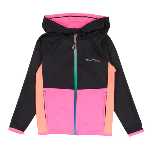 Veste - Nanö en jersey tricoté noir, rose et pêche avec capuche, manches longues, vue de face, enfant garçon