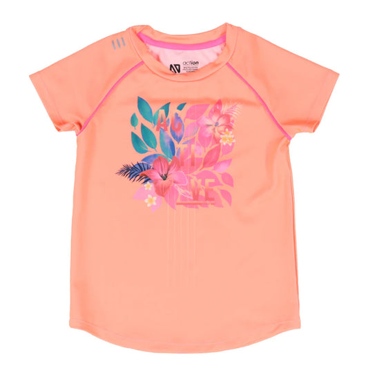 T-Shirt - Nanö corail en jersey avec imprimé floral rose et bleu, manches courtes, vue de face, enfant fille