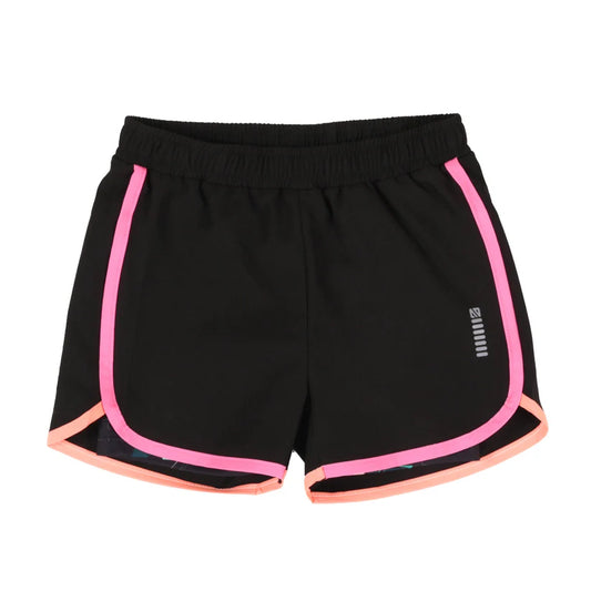 Short - Nanö noir avec liserés rose et orange en microfibre, taille élastique, vue de face.