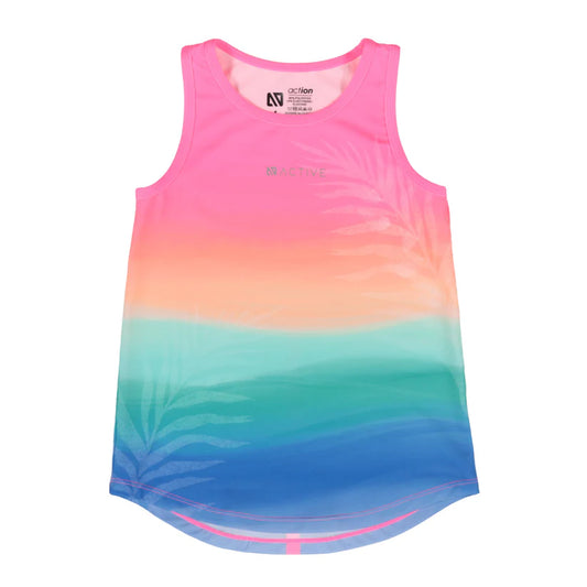 Camisole - Nanö en jersey multicolore dégradé rose, orange, vert et bleu, sans manches, vue de face, pour enfant.
