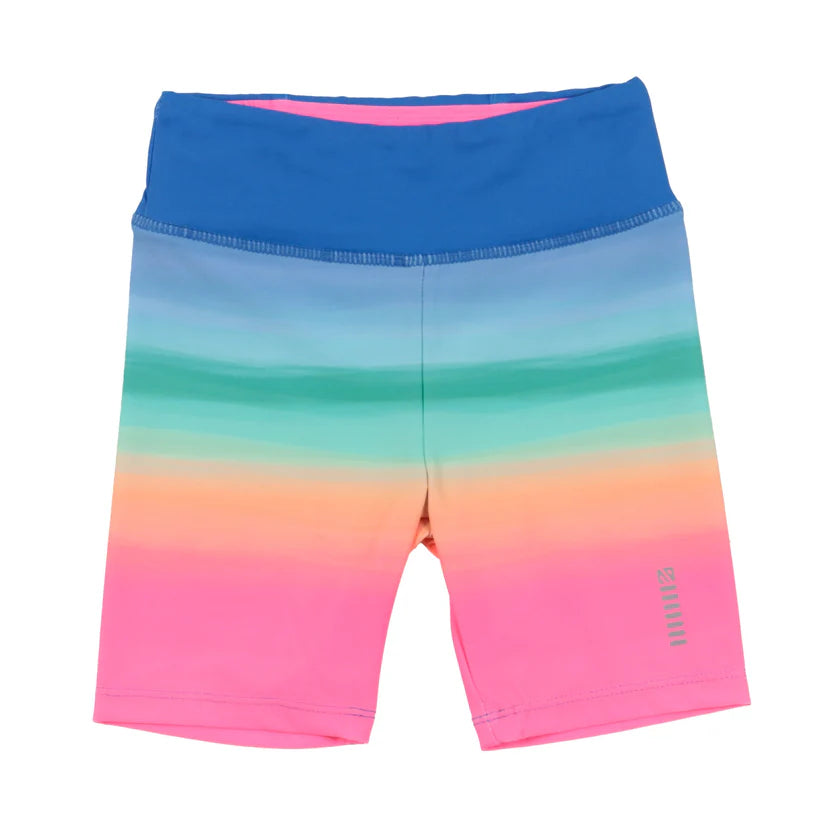 Short - Nanö cycliste en tricot dégradé bleu vert pêche rose, taille yoga, vue de face, détail poches côtés