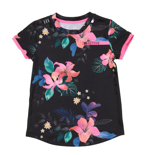 T-Shirt - Nanö noir à manches courtes avec fleurs roses et feuillages verts, détail logo ACTIVE, vue de face, pour enfant