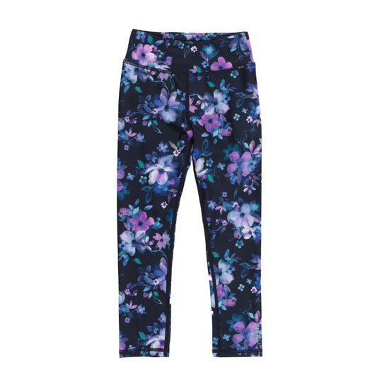 Legging - Nanö en tricot double noir à motifs floraux violets et bleus, taille yoga, vue de face, porté enfant.