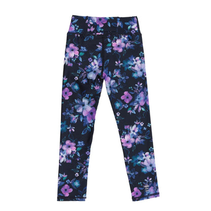 Legging - Nanö noir motif floral violet et bleu pour enfant, tricot double, vue de face à plat.