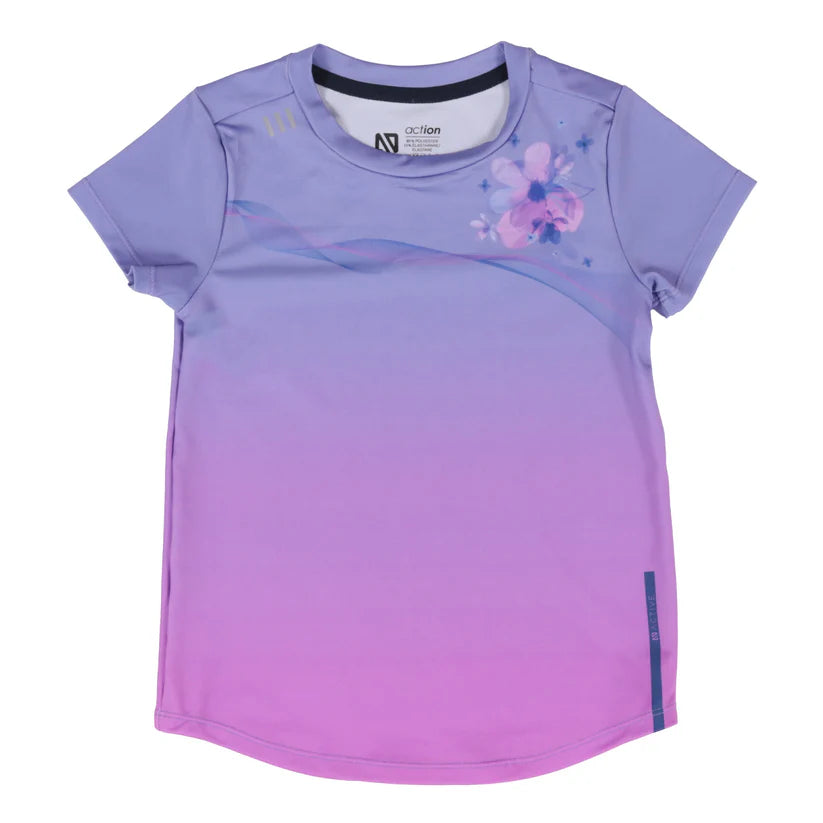 T-Shirt - Nanö en jersey violet et rose dégradé avec imprimé floral, manches courtes, vue de face enfant fille