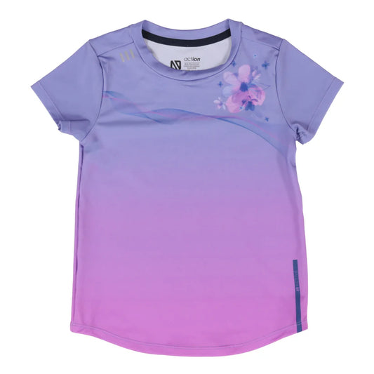 T-Shirt - Nanö en jersey violet et rose dégradé avec motifs floraux, manches courtes, vue de face, pour enfant