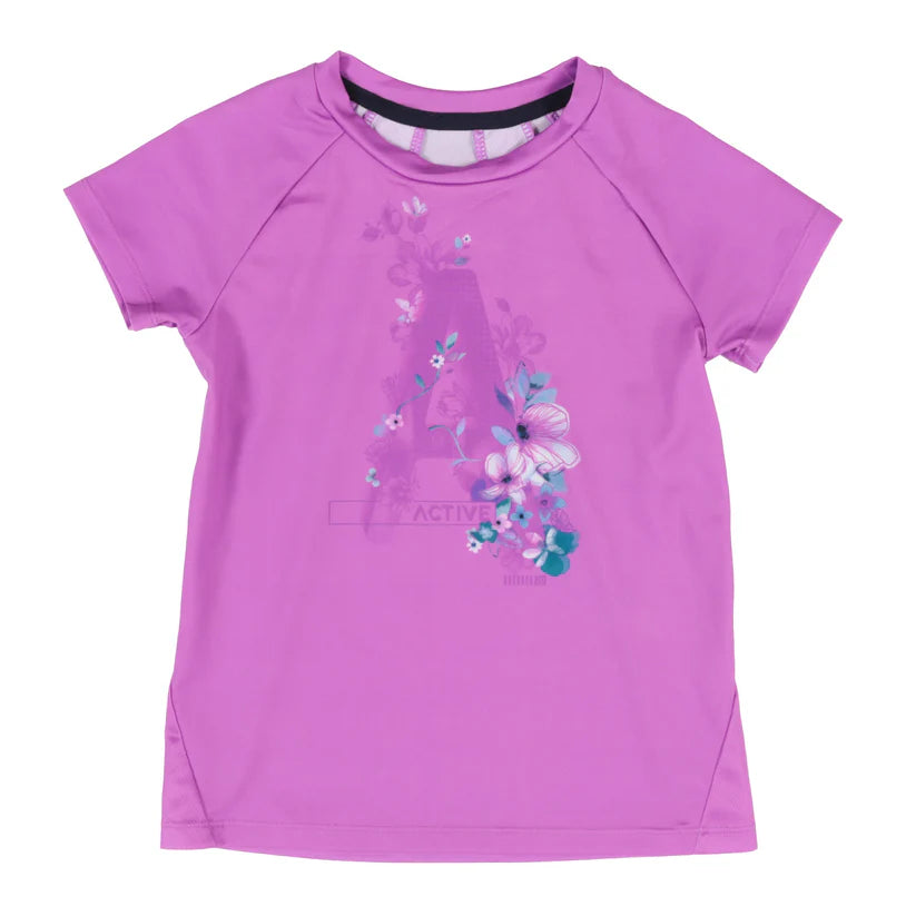T-Shirt - Nanö rose en jersey avec imprimé floral bleu et violet, manches courtes, vue de face, enfant fille