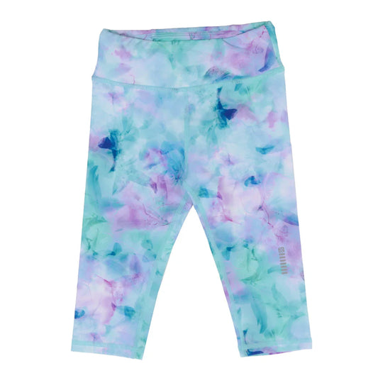 Legging 3/4 - Nanö en tricot double à motif aquarelle bleu vert violet, taille yoga, vue de face