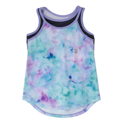 Camisole - Nanö en jersey imprimé bleu violet et blanc, col rond, dos nageur, détail vue de face, enfant