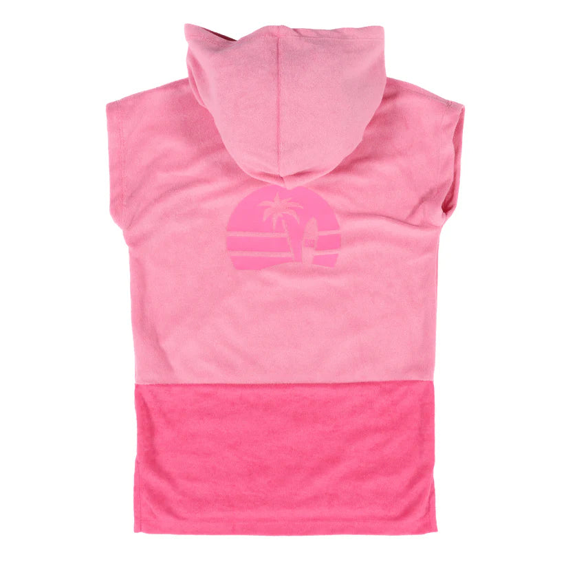 Poncho de plage à capuchon - Nanö en ratine bouclée rose clair et foncé, imprimé palmier au dos, vue de dos enfant