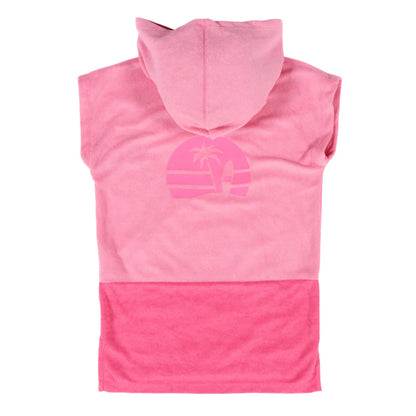 Poncho de plage à capuchon - Nanö en ratine bouclée rose clair et foncé, imprimé palmier au dos, vue de dos enfant