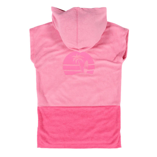 Poncho de plage à capuchon - Nanö en ratine bouclée rose clair et foncé, imprimé palmier au dos, vue de dos enfant