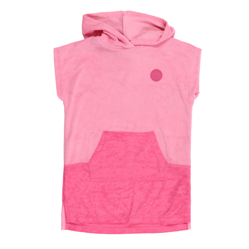 Poncho de plage à capuchon - Nanö en ratine bouclée rose clair et foncé, manches courtes, pour enfant, vue de face