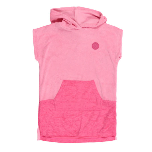 Poncho de plage à capuchon - Nanö en ratine bouclée rose clair et foncé, manches courtes, pour enfant, vue de face