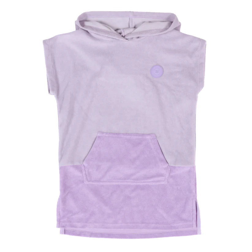 Poncho de plage - Nanö en ratine bouclée violet clair et lilas, manches courtes, capuche, vue de face pour enfant.