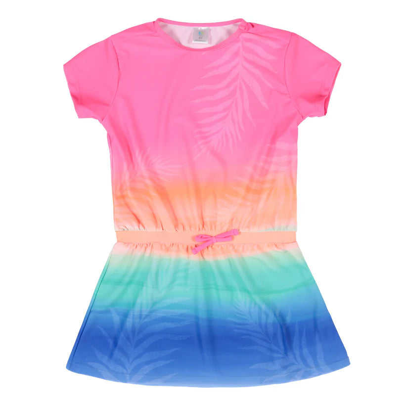 Robe de plage - Nanö imprimée dégradé rose orange vert bleu, manches courtes, taille élastique, vue de face enfant