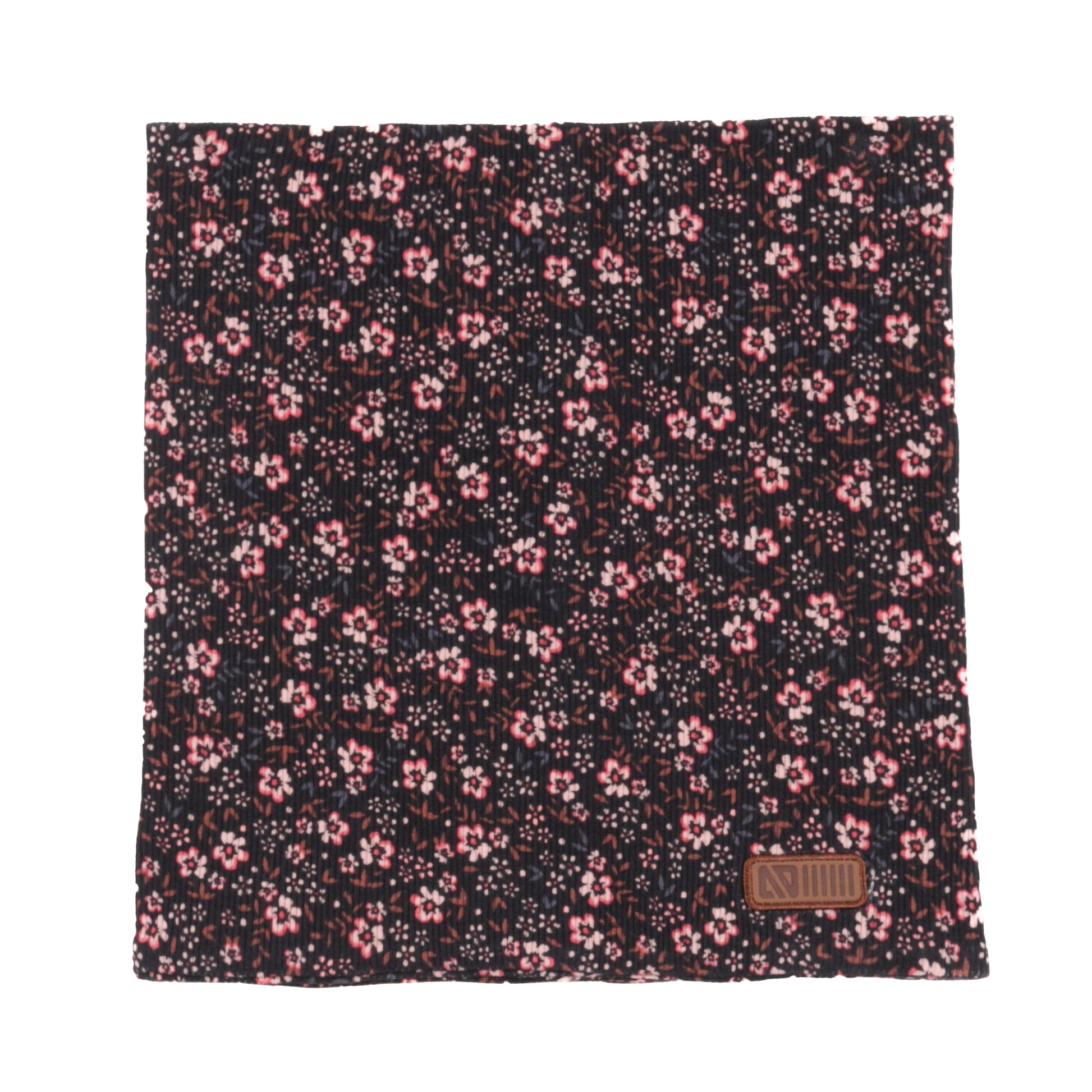 Cache-cou en jersey - Nanö noir à motifs floraux roses et blancs pour enfant, vue de face avec écusson en faux cuir visible