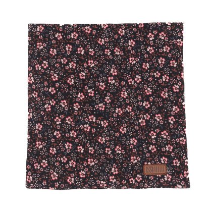 Cache-cou en jersey - Nanö noir à motifs floraux roses et blancs pour enfant, vue de face avec écusson en faux cuir visible