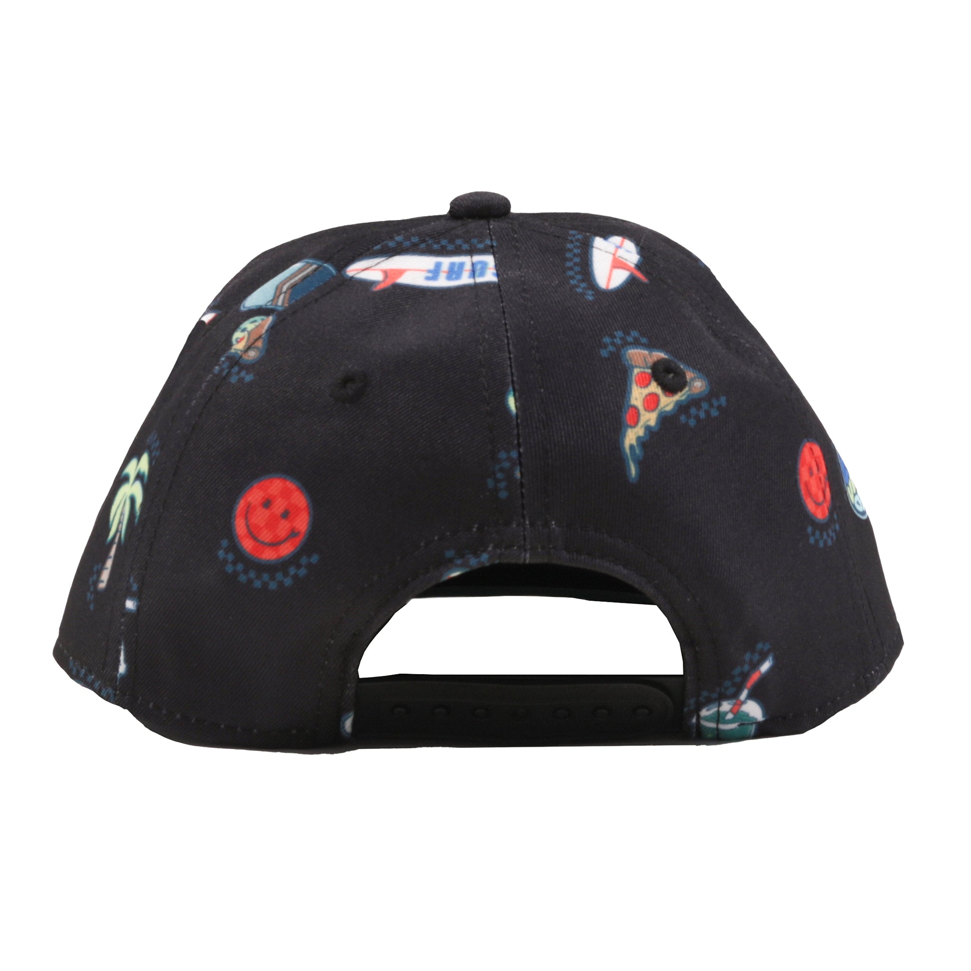 Casquette - Nanö noire avec motifs pizza et smiley rouges, ajustable, vue arrière sur fermeture réglable.