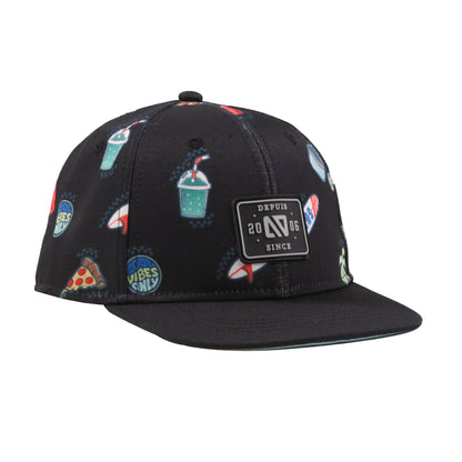 Casquette - Nanö noire avec motifs boissons, pizza et bulles colorées, ajustable, vue de profil droit