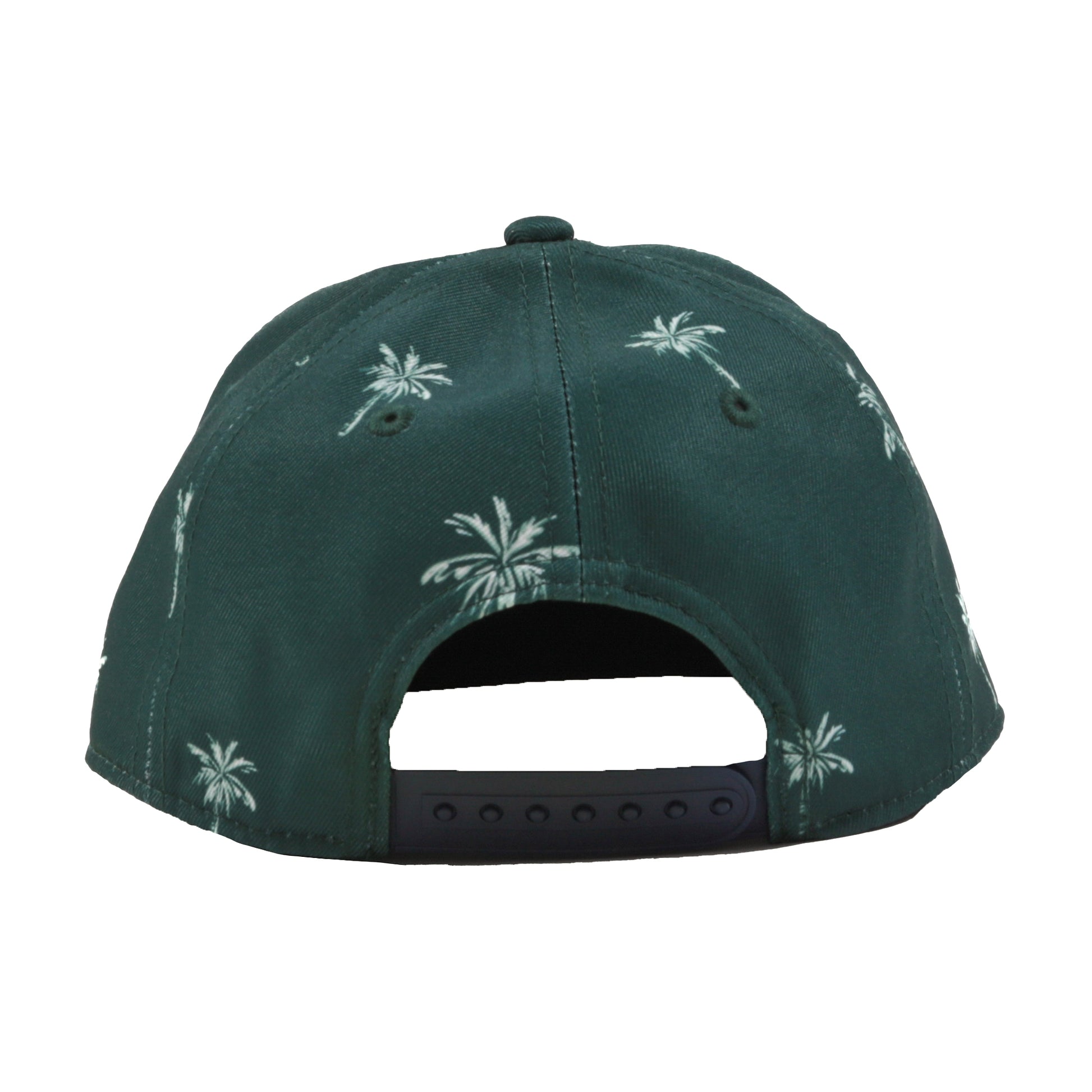 Casquette - Nanö verte avec motifs palmiers blancs, ajustable, vue de dos montrant la fermeture réglable.