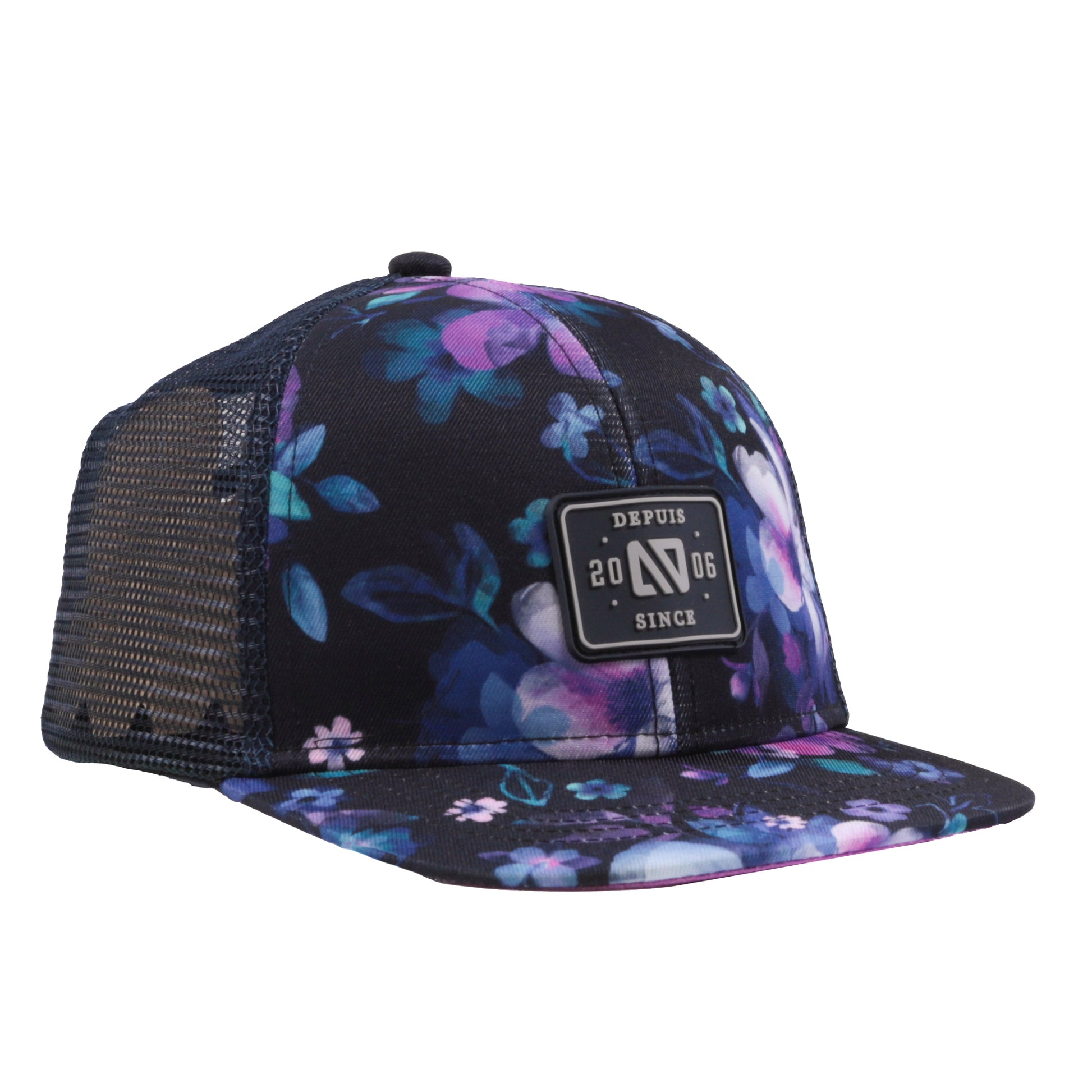 Casquette - Nanö avec motifs floraux violets et bleus, mesh noir ajustable, vue de côté, style casquette baseball.