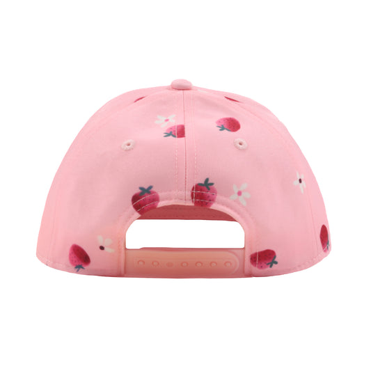 Casquette - Nanö rose avec motifs fraises rouges et blanches, ajustable, vue de dos sur fond blanc