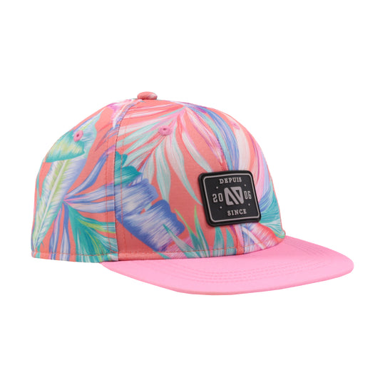 Casquette - Nanö motif feuilles multicolores roses, vertes et bleues, visière rose, ajustable, vue de côté sur fond blanc.