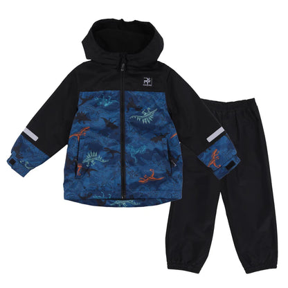 Ensemble Mi-Saison - Peluche & Tartine, veste imperméable bleu marine avec imprimés dinosaures orange et vert, pantalon noir, pour enfant, vue de face.