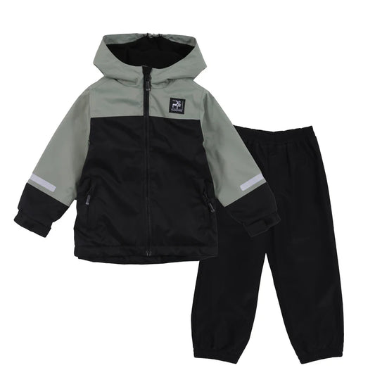 Ensemble Mi-Saison - Peluche & Tartine veste à capuche gris clair et noir avec pantalon noir, imperméable, pour enfant, vue de face