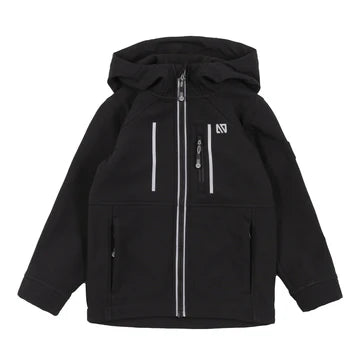 Manteau Mi-Saison Softshell - Nanö noir avec capuche, fermeture éclair reflet, pour enfant, vue de face sur fond blanc.