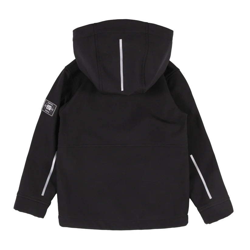 Manteau Mi-Saison Softshell - Nanö noir avec détails réfléchissants gris, capuche, pour enfant, vue de dos.